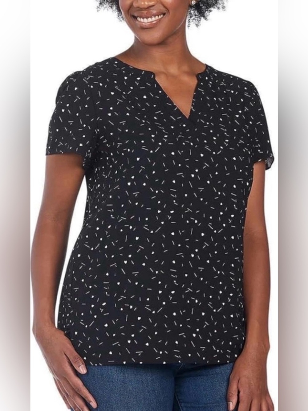 Hilary Radley Black Dot-Print V-Neck Short Sleeve Blouse